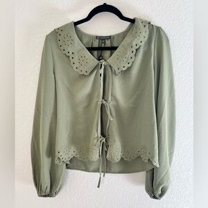 Adrianna Papell Olive Matcha Green Eyelet Tie-Front Blouse Airflow NWT